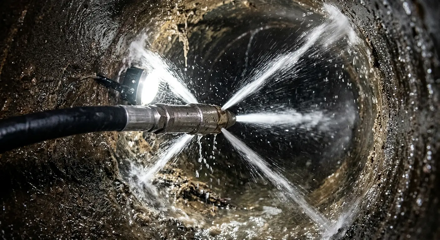 High-pressure hydro jetting nozzle cleaning sewer pipe for Trenchless Sewer Repair in Fern Park