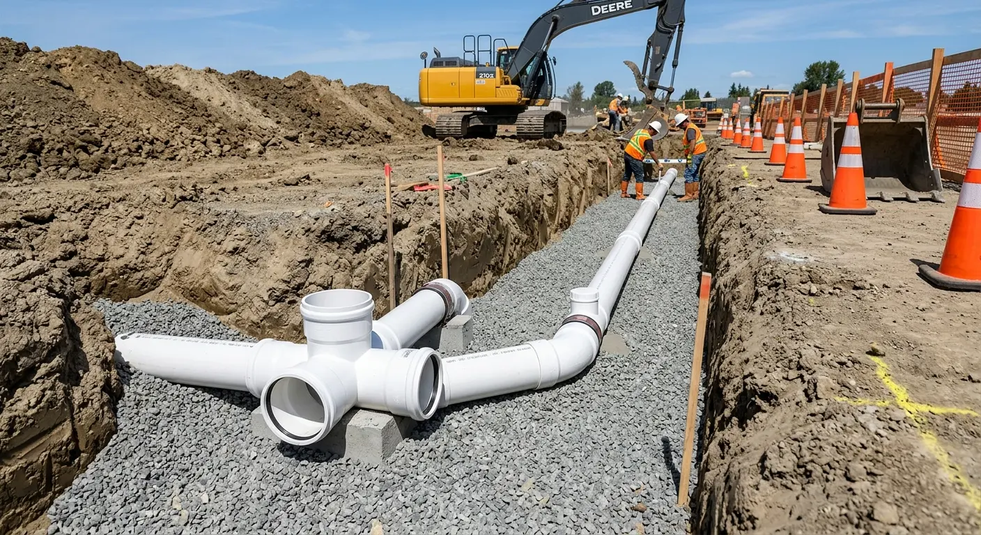 New PVC sewer pipe installation in open trench for Sewer Backup in Fern Park