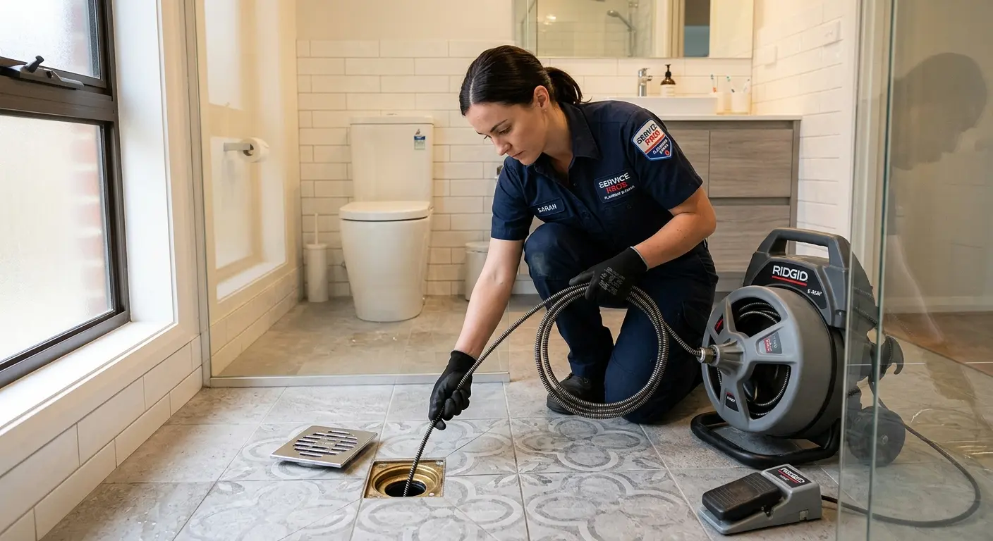 Technician clearing a bathroom floor drain for Clogged Drain Repair in Fern Park
